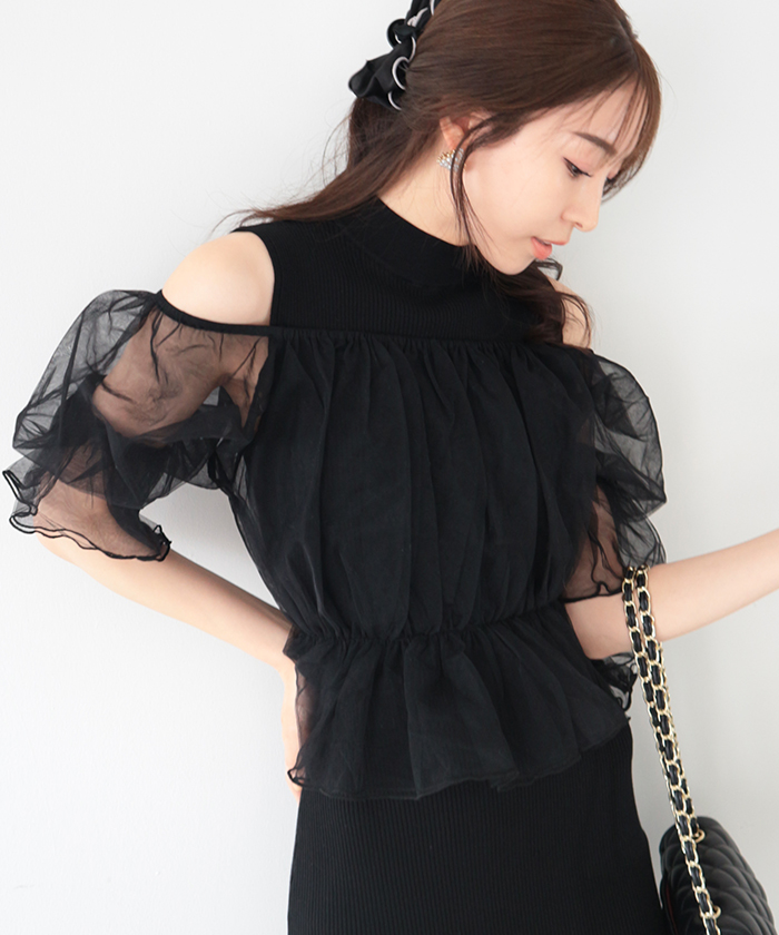 美品】acka チュールオフショルダートップス 春服 ホワイト